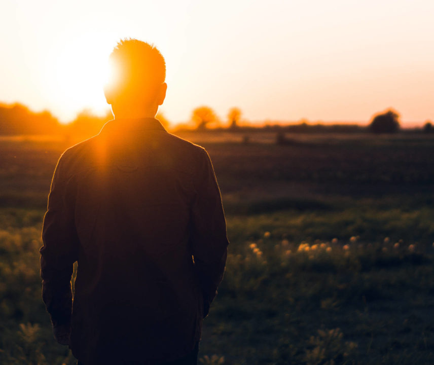 Mann blickt über Feld in Sonnenuntergang