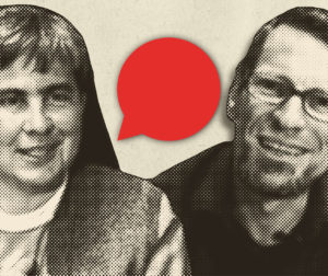 Schwester Petra und Raphael Schadt mit Sprechblase
