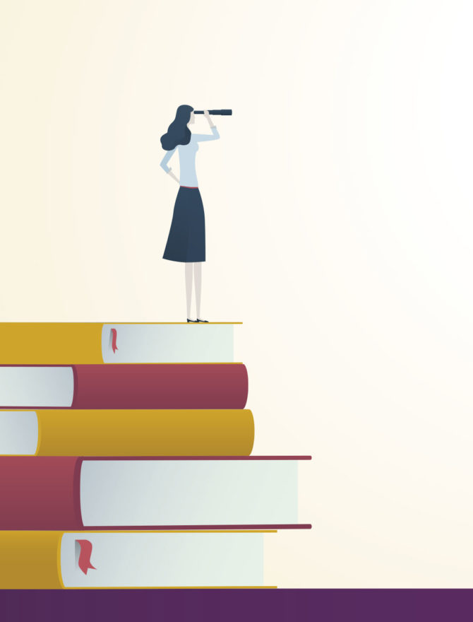 Illustration: junge Frau auf einem Bücherstapel blickt in die Ferne