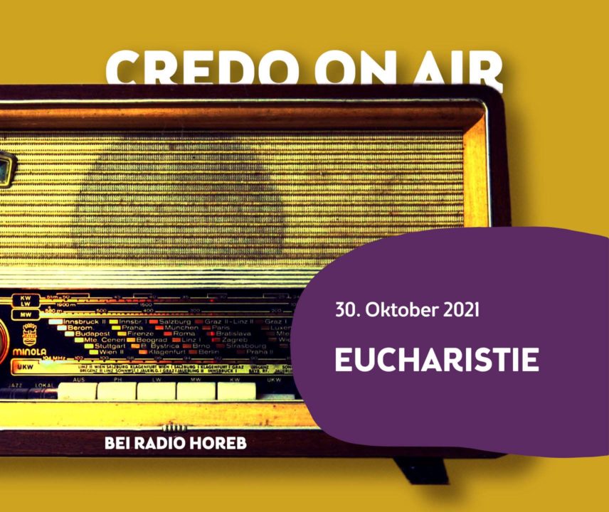 Altes Radio mit dem Titel der Credo-on-Air-Sendung zum Thema Eucharistie