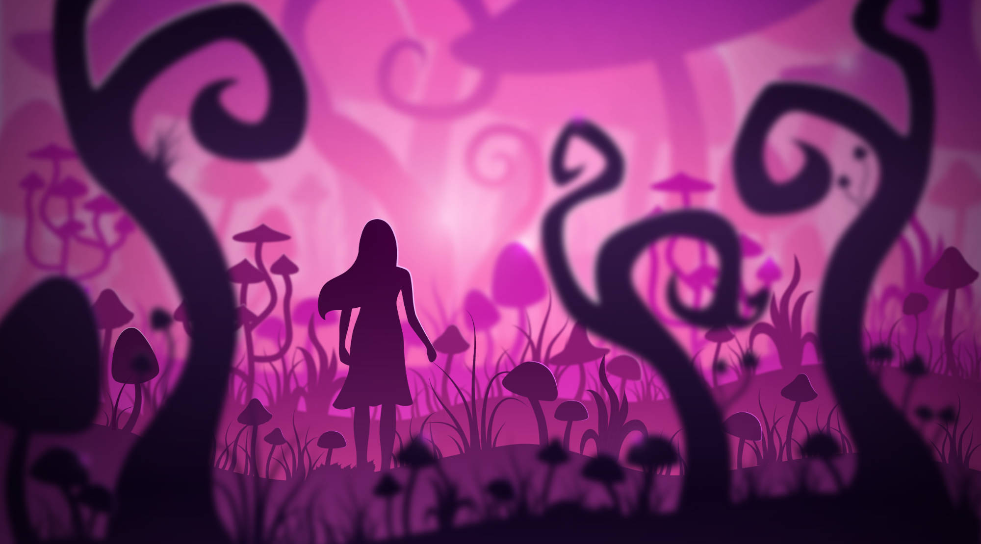 Grafik mit junger Frau in einem düsteren Wald von Pilzen