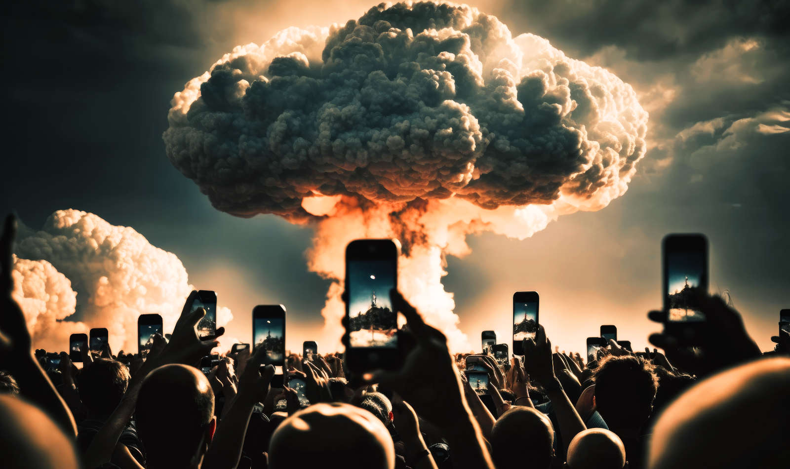 Menschen filmen mit Handy die Wolke einer Atombombe