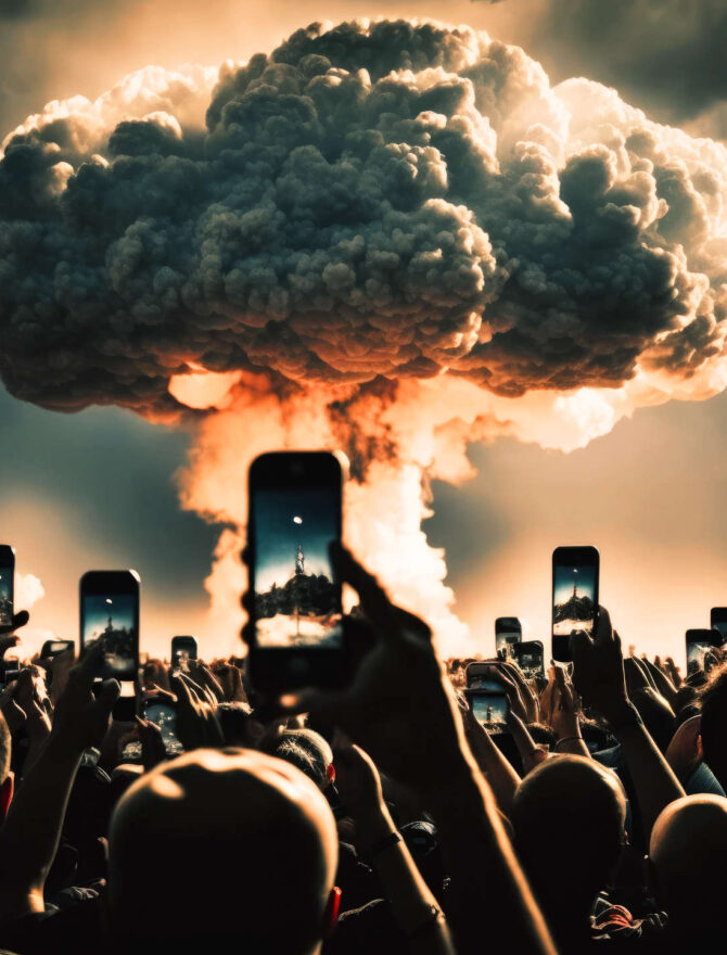Menschen filmen mit Handy die Wolke einer Atombombe