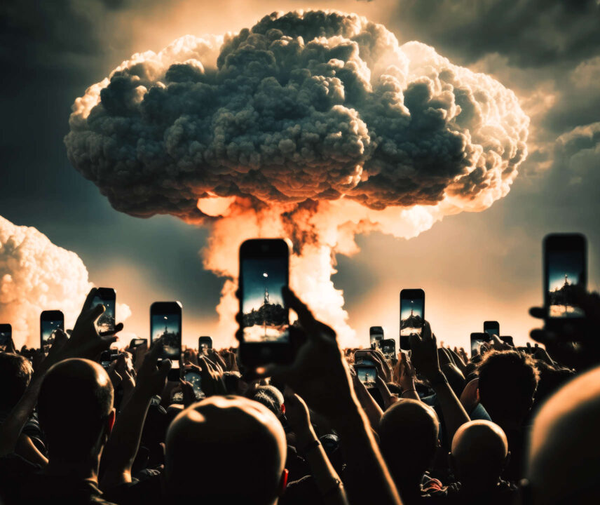 Menschen filmen mit Handy die Wolke einer Atombombe