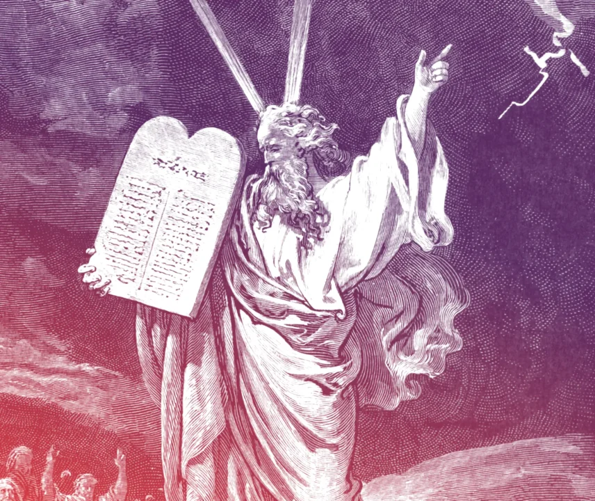 Mose verkündet die Zehn Gebote. Holzschnitt vonn Gustave Doré.