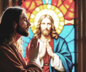 Jesus-ähnlicher Mann betend vor einem bunten Glasfenster mit Jesus und Heiligenschein, ebenfalls betend