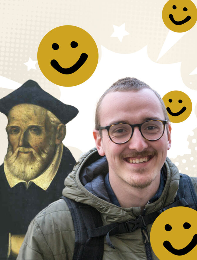 Altes Bild vom heiligen Philipp Neri mit jungem europäischen Mann mit kurzen braunen Haaren, Bart, Brille und grüner Jacke im Vordergrund, um sie herum mehrere lachende Smileys