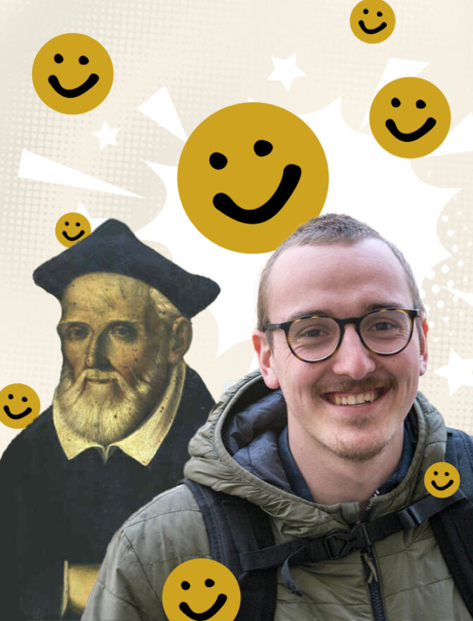 Altes Bild vom heiligen Philipp Neri mit jungem europäischen Mann mit kurzen braunen Haaren, Bart, Brille und grüner Jacke im Vordergrund, um sie herum mehrere lachende Smileys