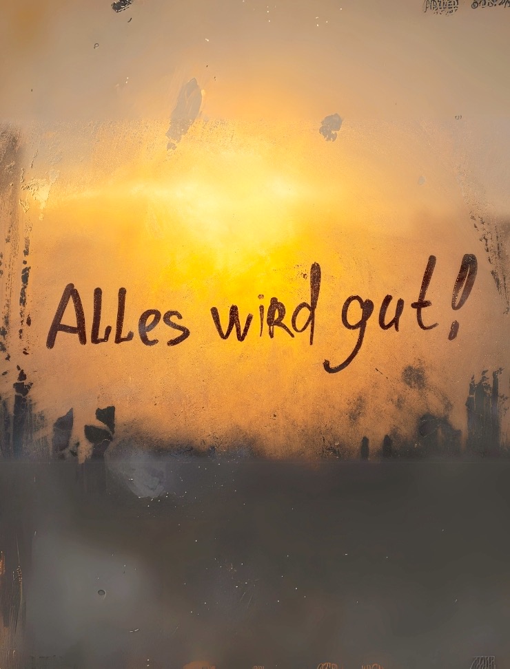Schriftzug „Alles wird gut!“ eines Fingers auf einer beschlagenen Glasscheibe, angestrahlt von einem gelben Licht