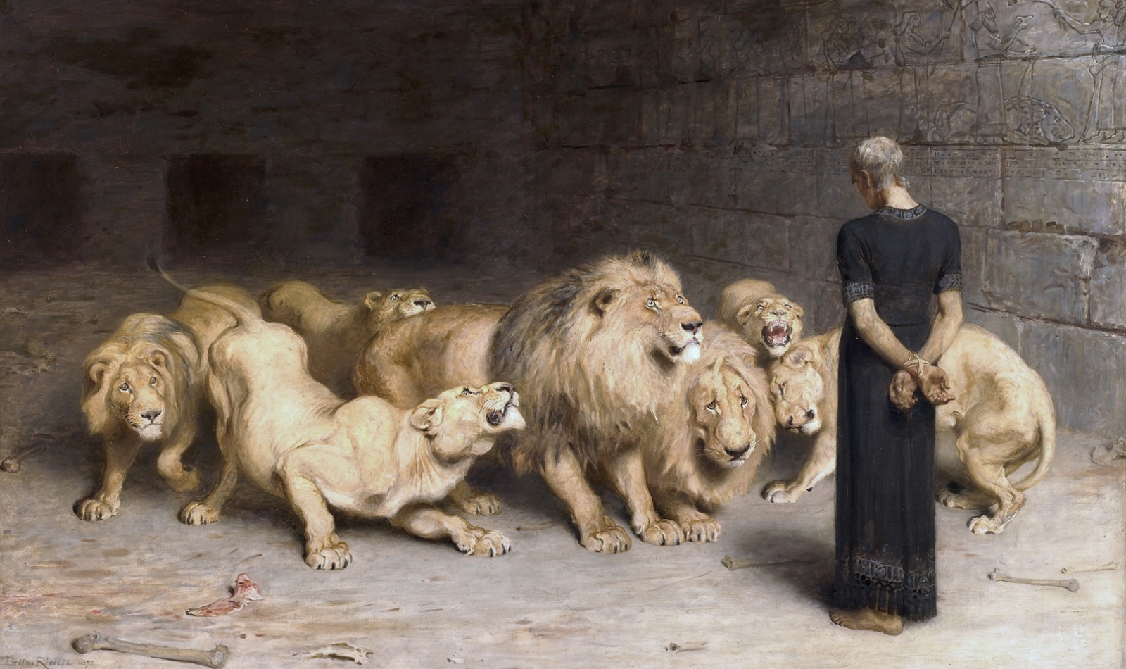 Daniel in der Löwengrube von Briton Rivière, Mann von hinten mit Handfesseln in schwarzem langen Gewand, vor ihm 7 Löwen, die ihn anstarren