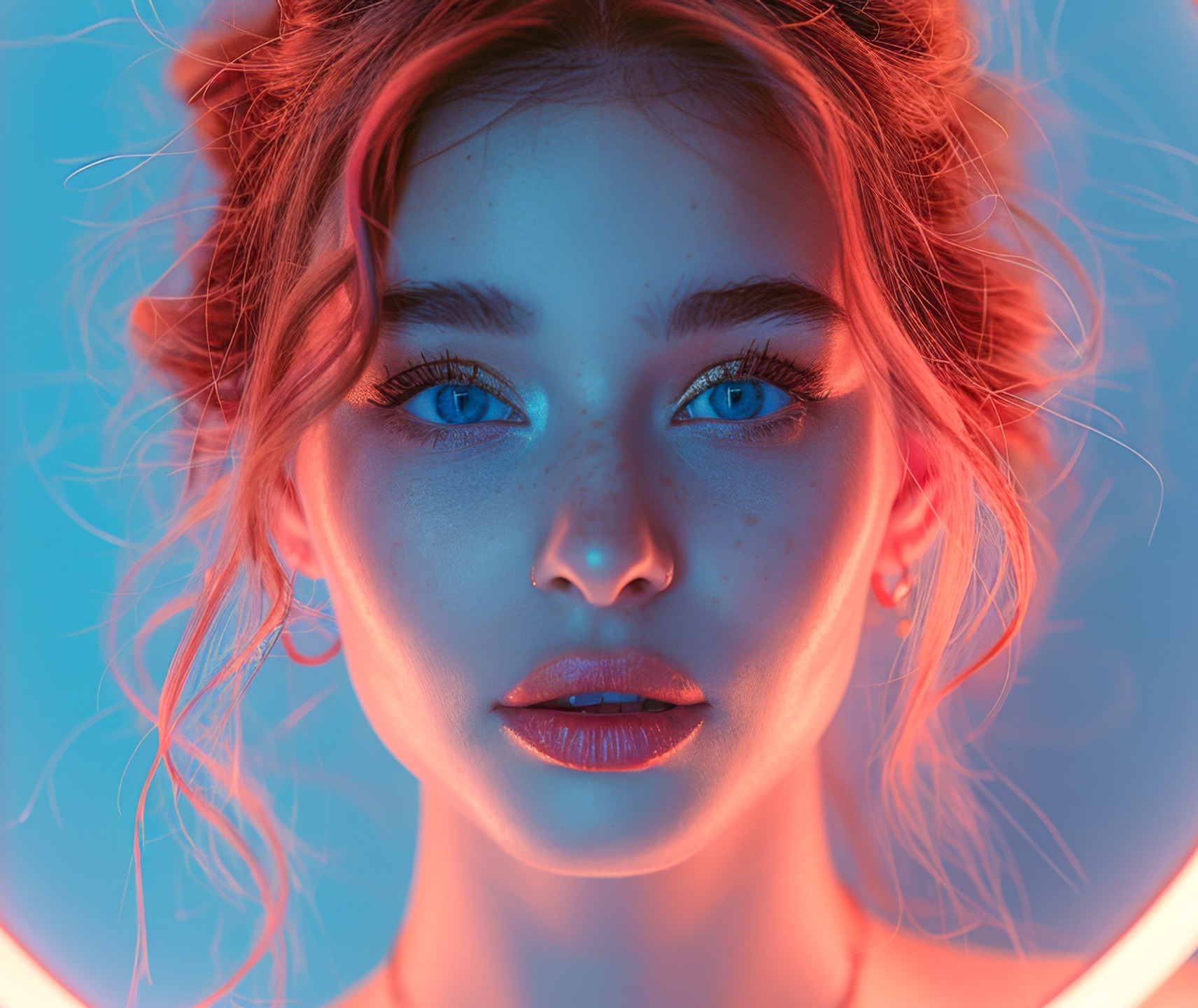 Nahaufnahme eines jungen Gesichts; die Person blickt direkt, Augen offen. Kontrastreiche blaue und rote Neonbeleuchtung betont Sommersprossen, glänzende Lippen und lose Strähnen vor einem ringförmigen Studiolicht.