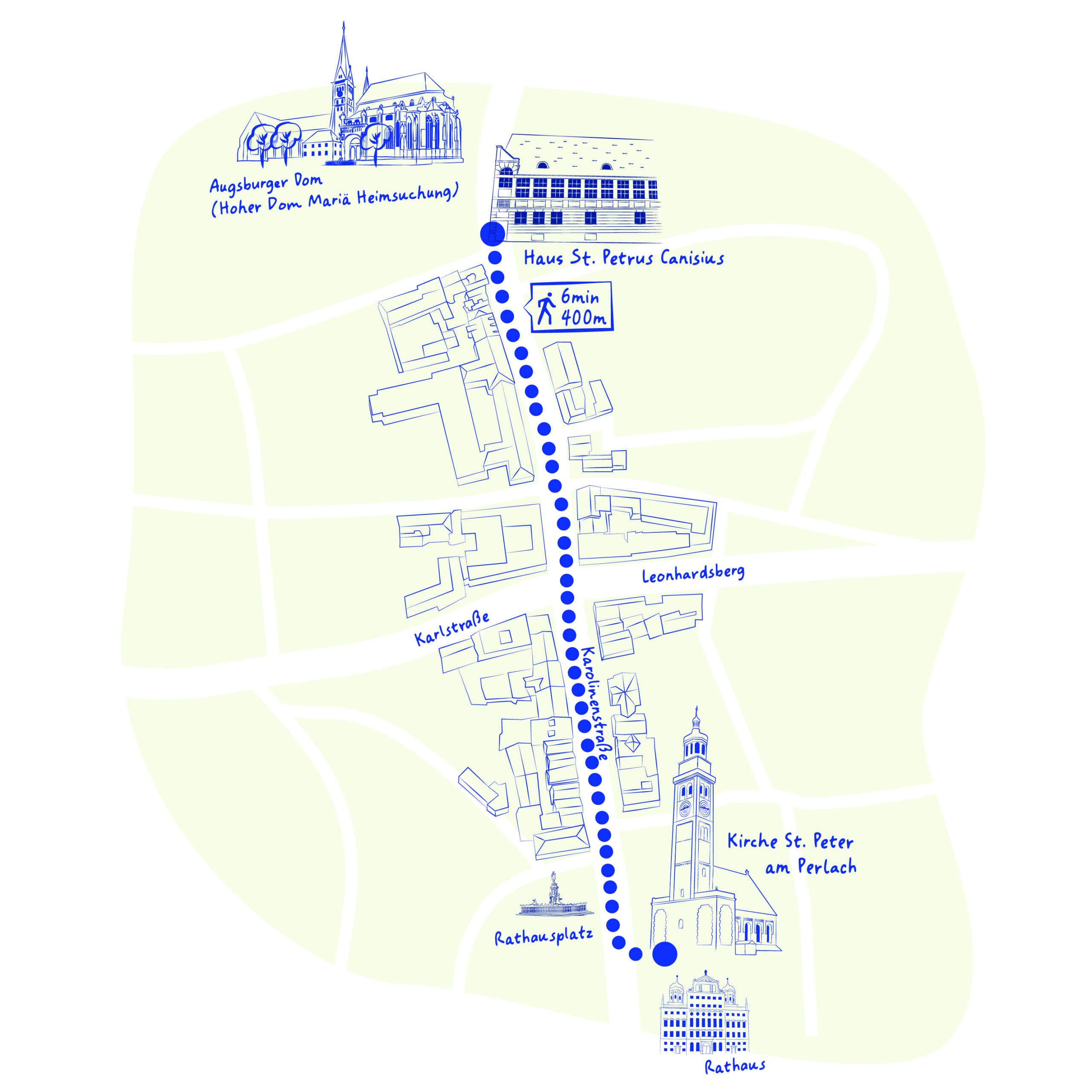 Grafik einer Straßenkarte mit eingezeichnetem Weg von der Kirche St. Peter am Perlach in Augsburg zum Haus St. Petrus Canisius am Augsburger Dom