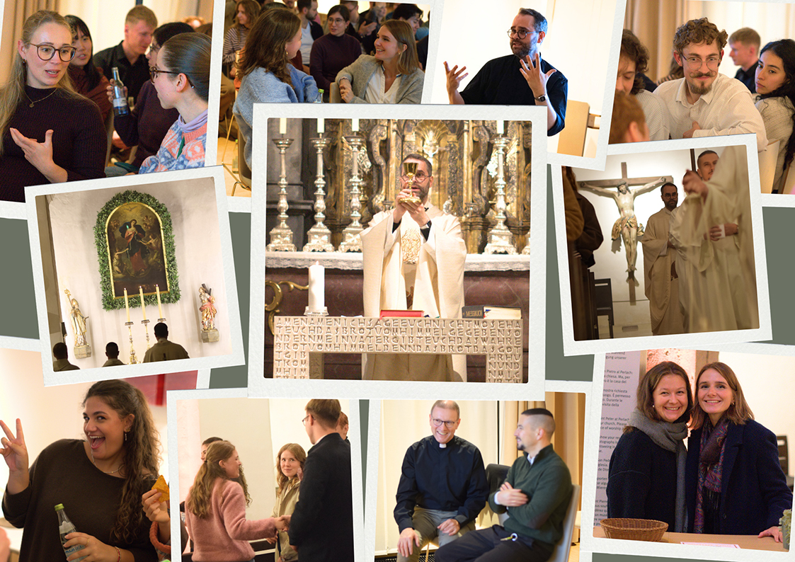 Collage mit elf Fotos von Priestern und jungen Gästen bei der Veranstaltung „Christus im Zentrum